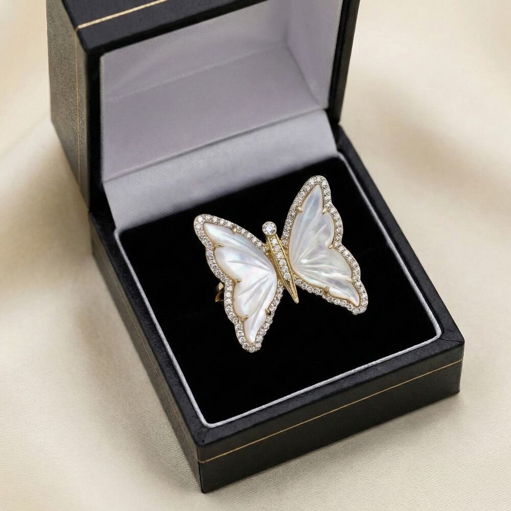 Ross-Simons Butterfly Ring 14k Gold over Sterling Mother of Pearl CZ 7.5 - Picture 2 of 4